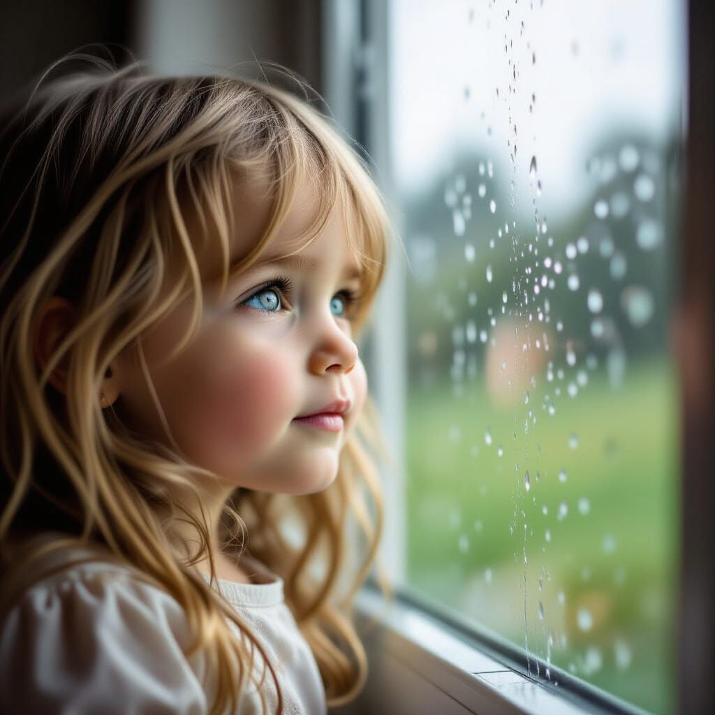 Girl Gazes Out Rainy Window