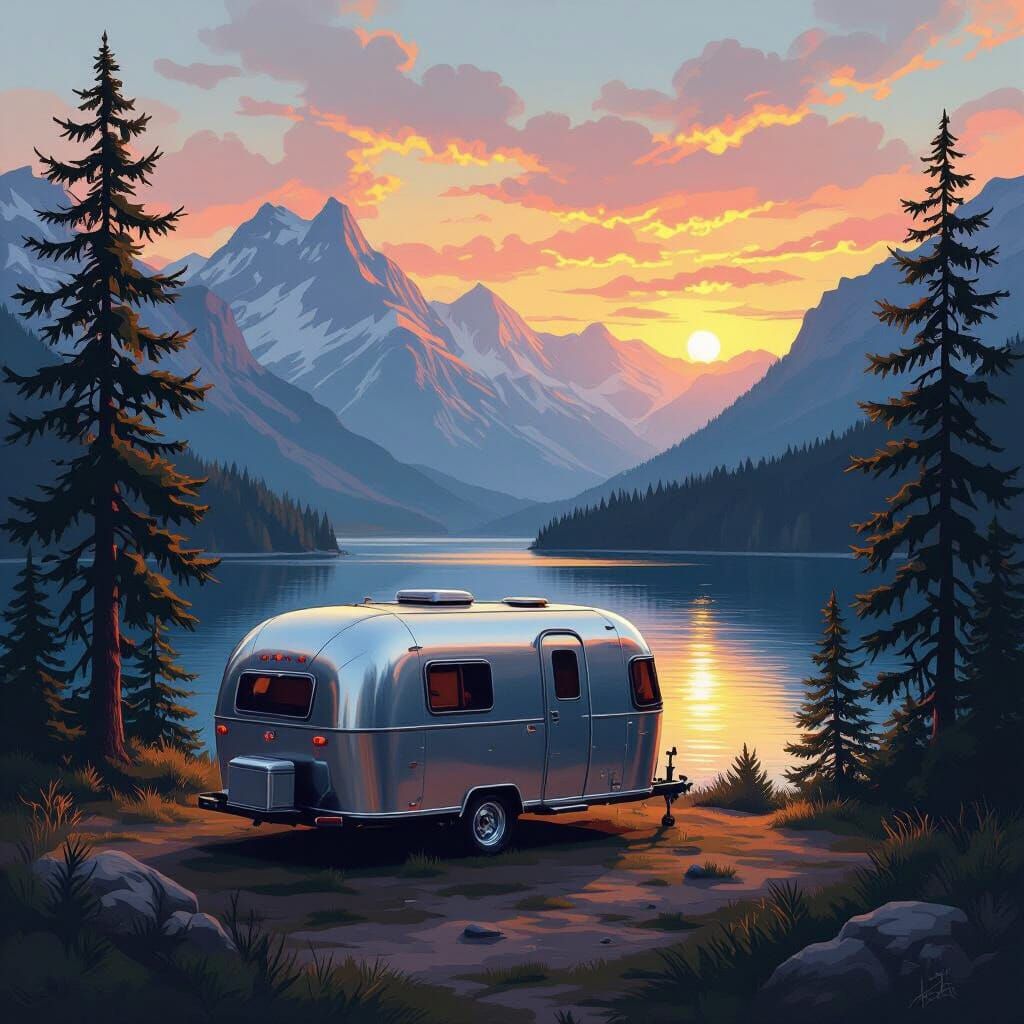 Metallic Trailer in Mountainous Landscape, Romantic Style