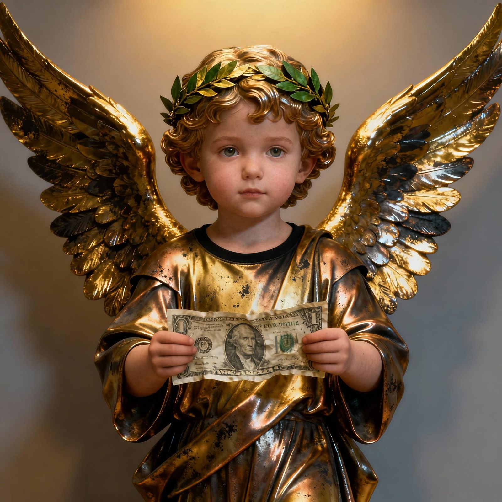Golden Cherub Statue Symbolizing Innocence Corrupted by Weal...