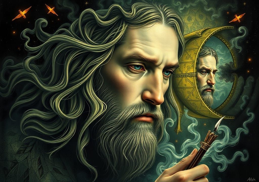 Renaissance Scribe Portrait with Smoky Fractal Elements