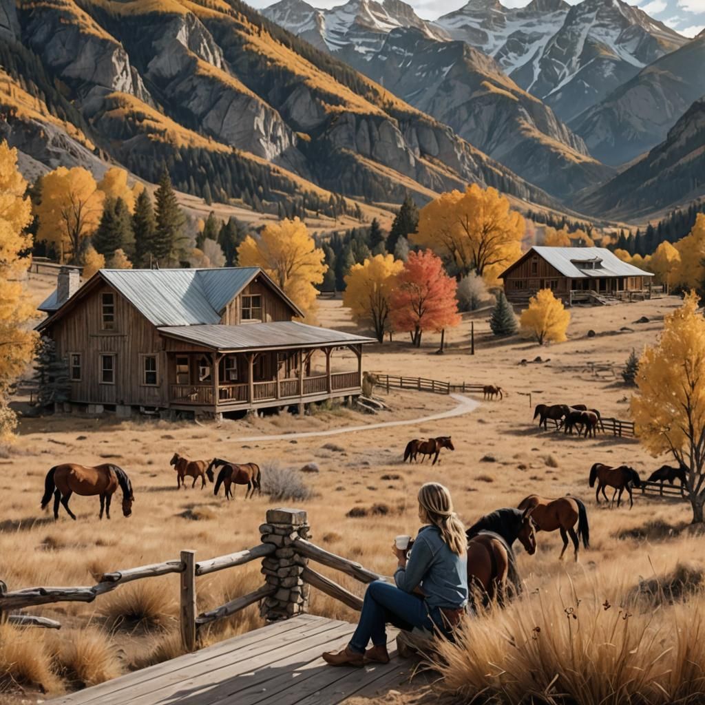 Ranch House with Wild Horses and Mountain View