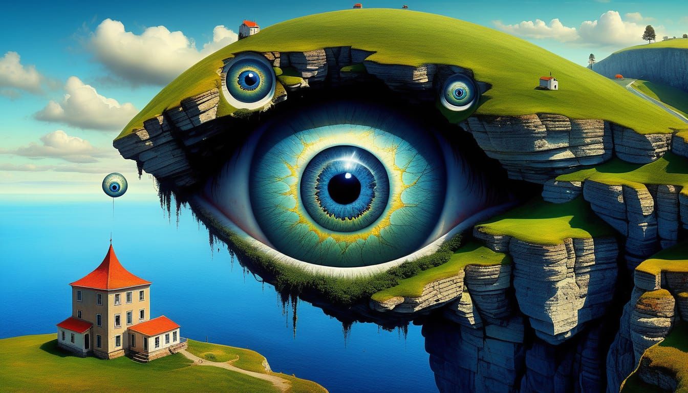 Surreal Psychedelic Art of Upside-Down Eyeballs on Cliff