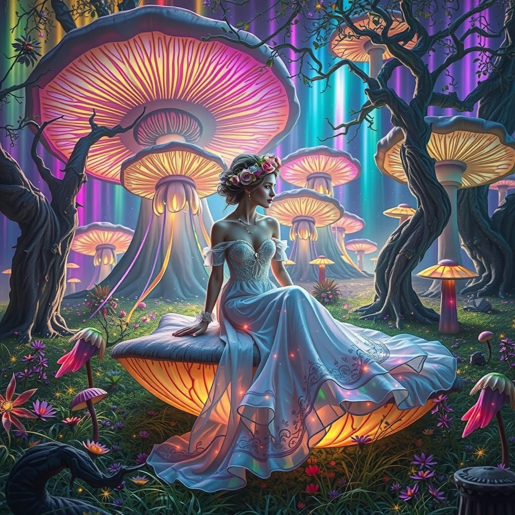 Whimsical Wonderland Goddess in Iridescent Gown Sits Amidst ...