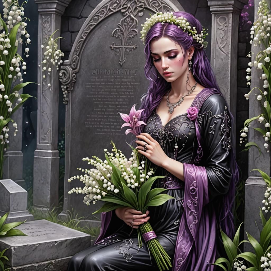 Sad Punk Woman Grieving with Bioluminescent Flowers