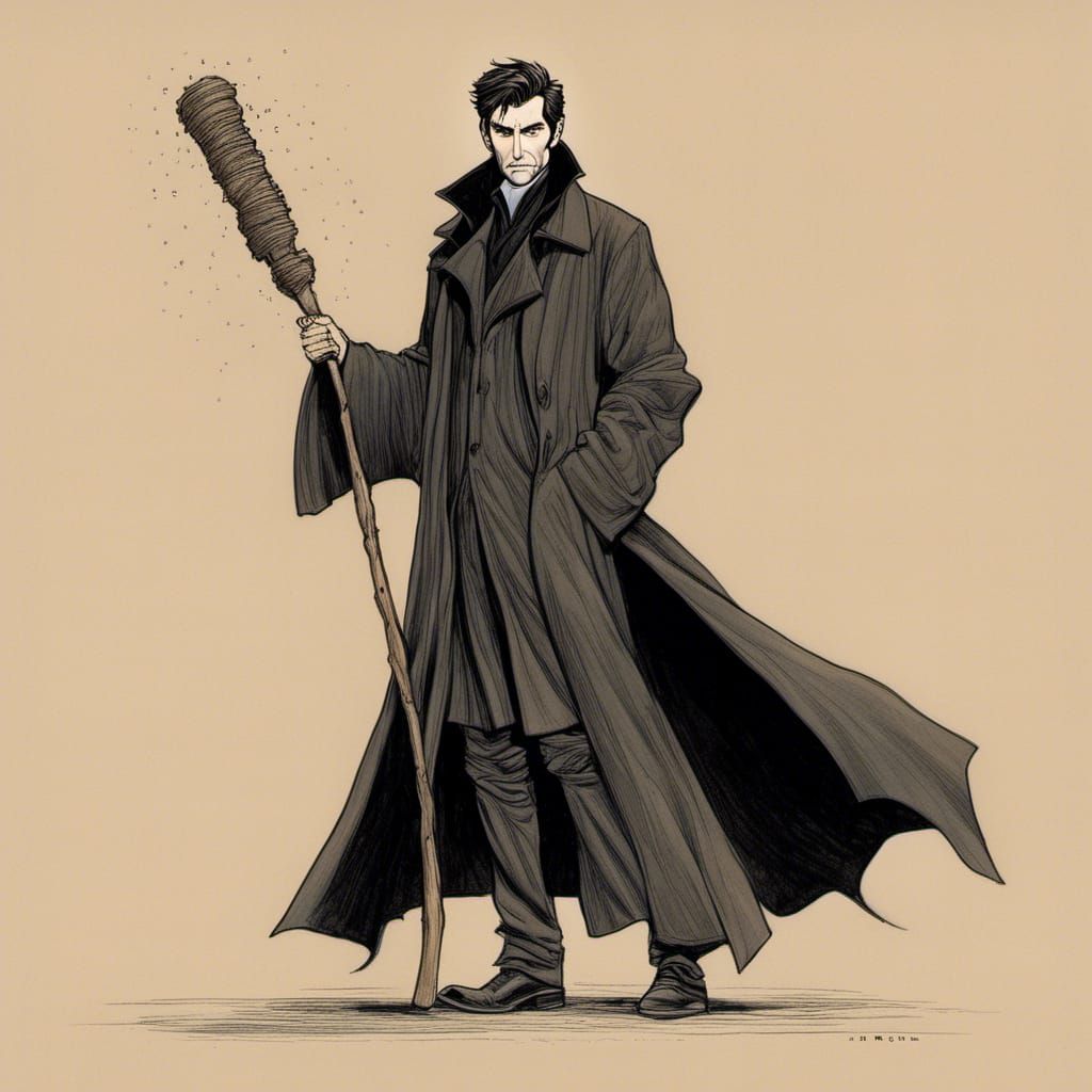 portrait of Harry Dresden by Chris Riddell, scruffy, stubbly, looks like David Tennant, wearing a long black trenchcoat ...