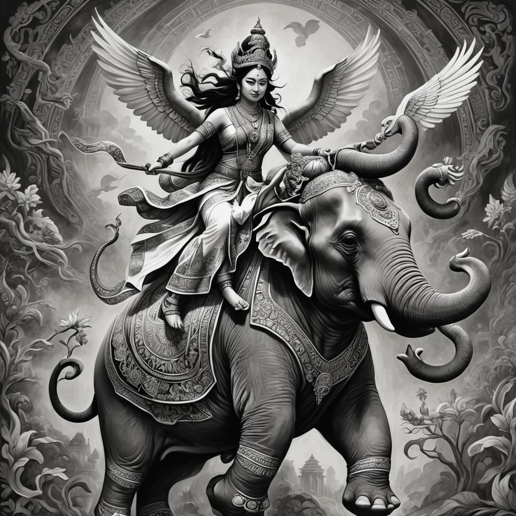 Indra Riding White Elephant in Charcoal Drawing