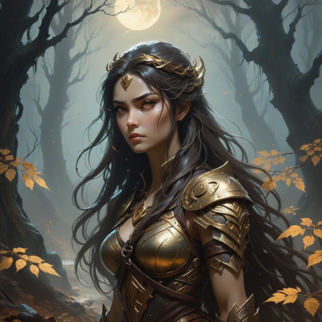 Mystical Warrior Goddess in Moonlit Forest