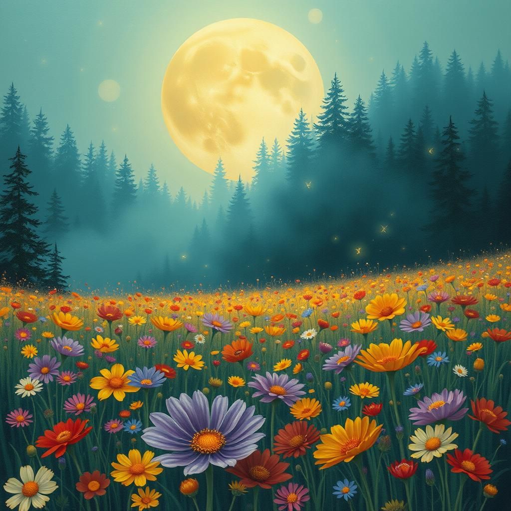 Moonlit Wildflower Meadow in Dreamy Fantasy Style