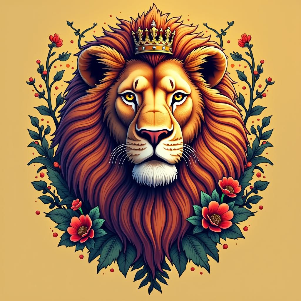 Lion Head Logo with Crown in Fantasy Style