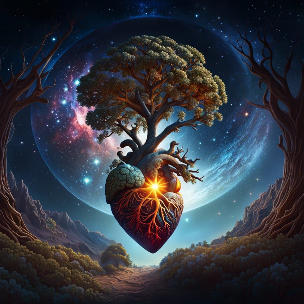 Oak Tree Growing from Heart with Saturn