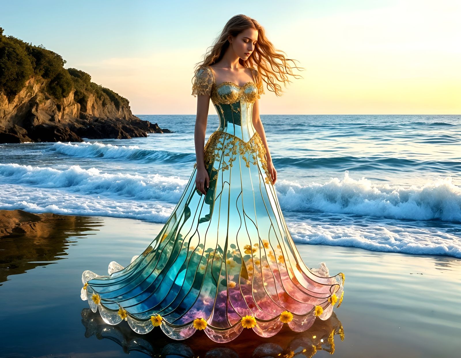 Woman in Glass Dress on Sunset Ocean Shore
