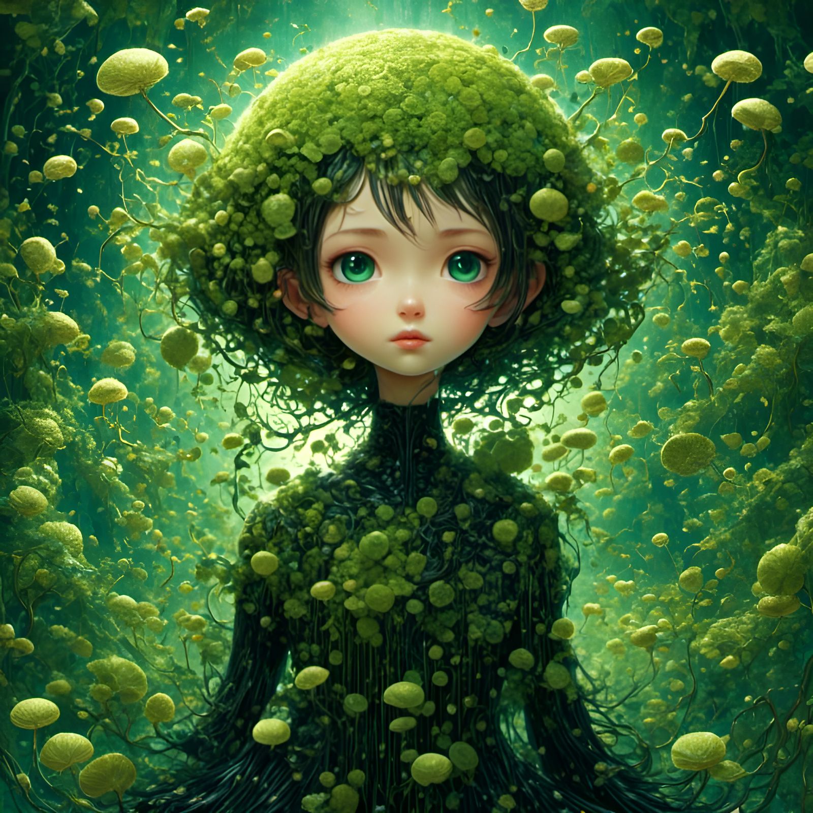 Anime Girl with Green Eyes in Surreal Style
