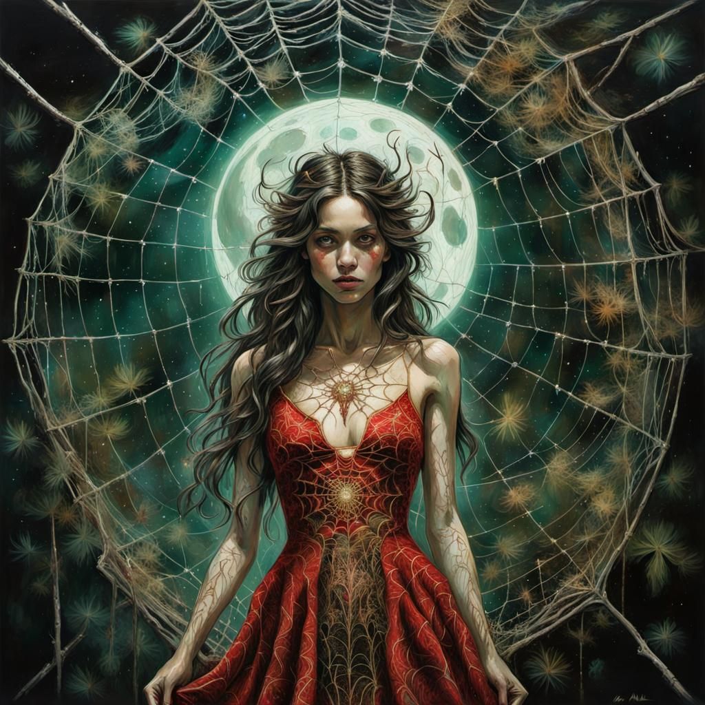 Bioluminescent Moon Goddess in Spider Web Dress