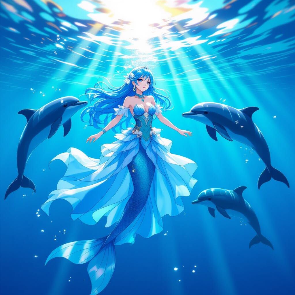 Aqua-Haired Mermaid with Dolphins in 3D Anime Style