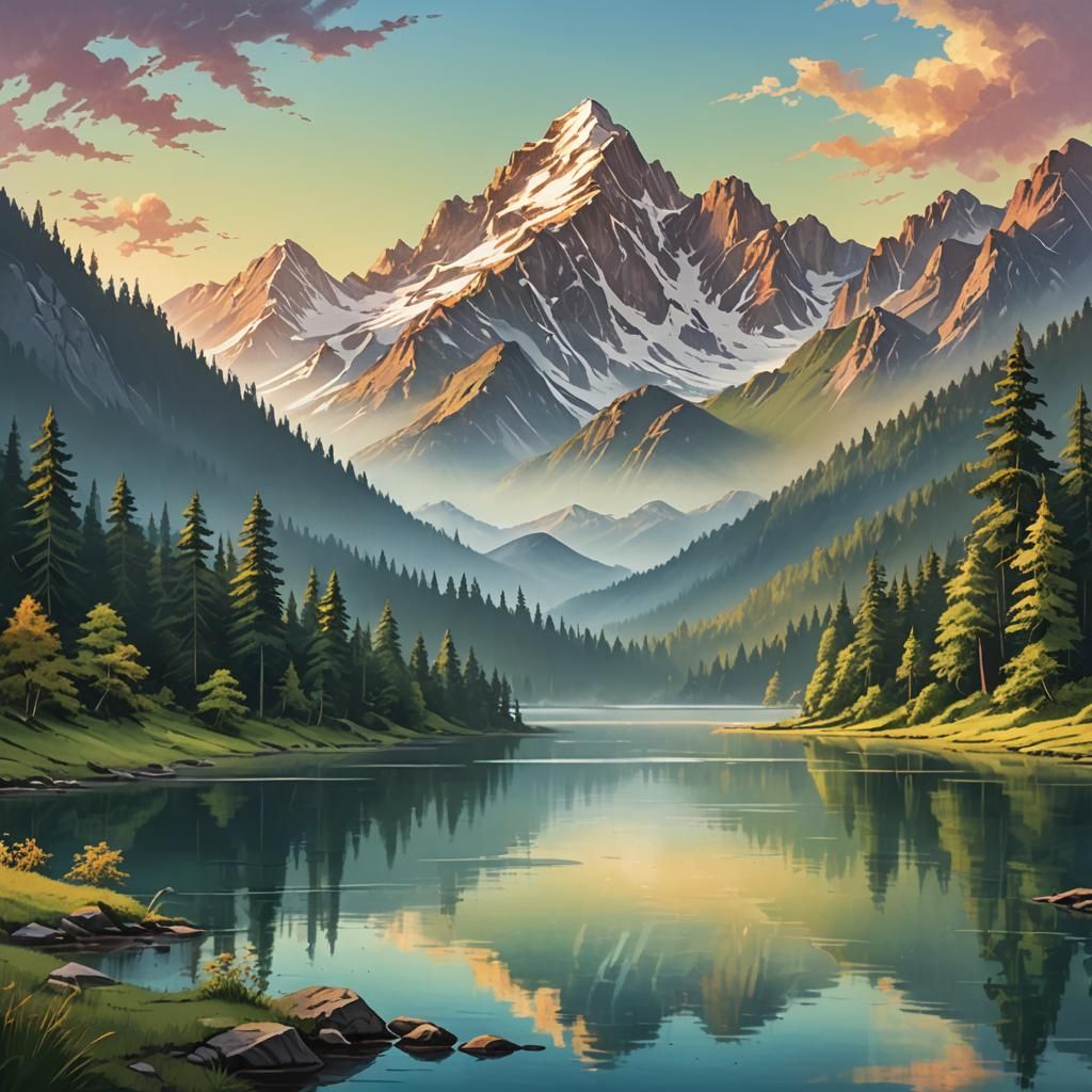 Majestic Mountain Landscape at Dawn in Impasto Style