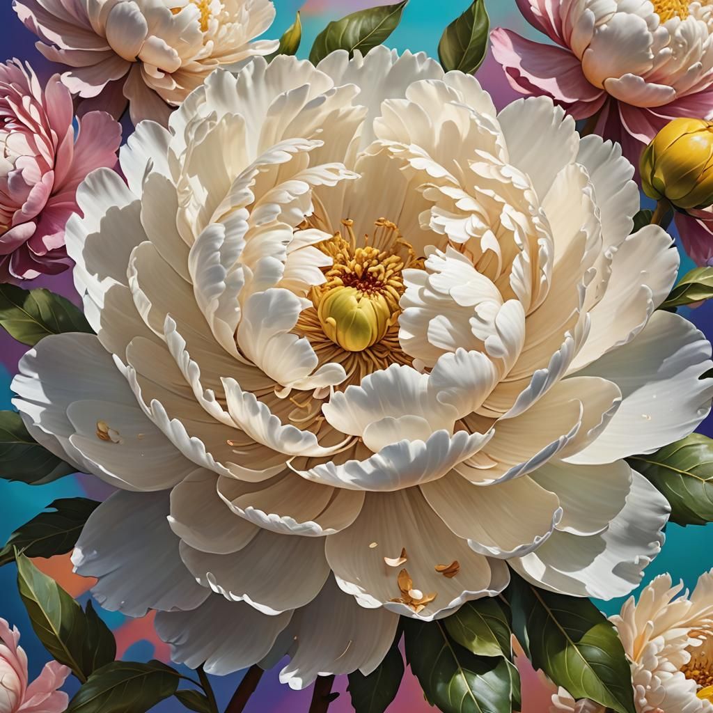 Hyperrealistic White Peony with Praline Notes Concept Art