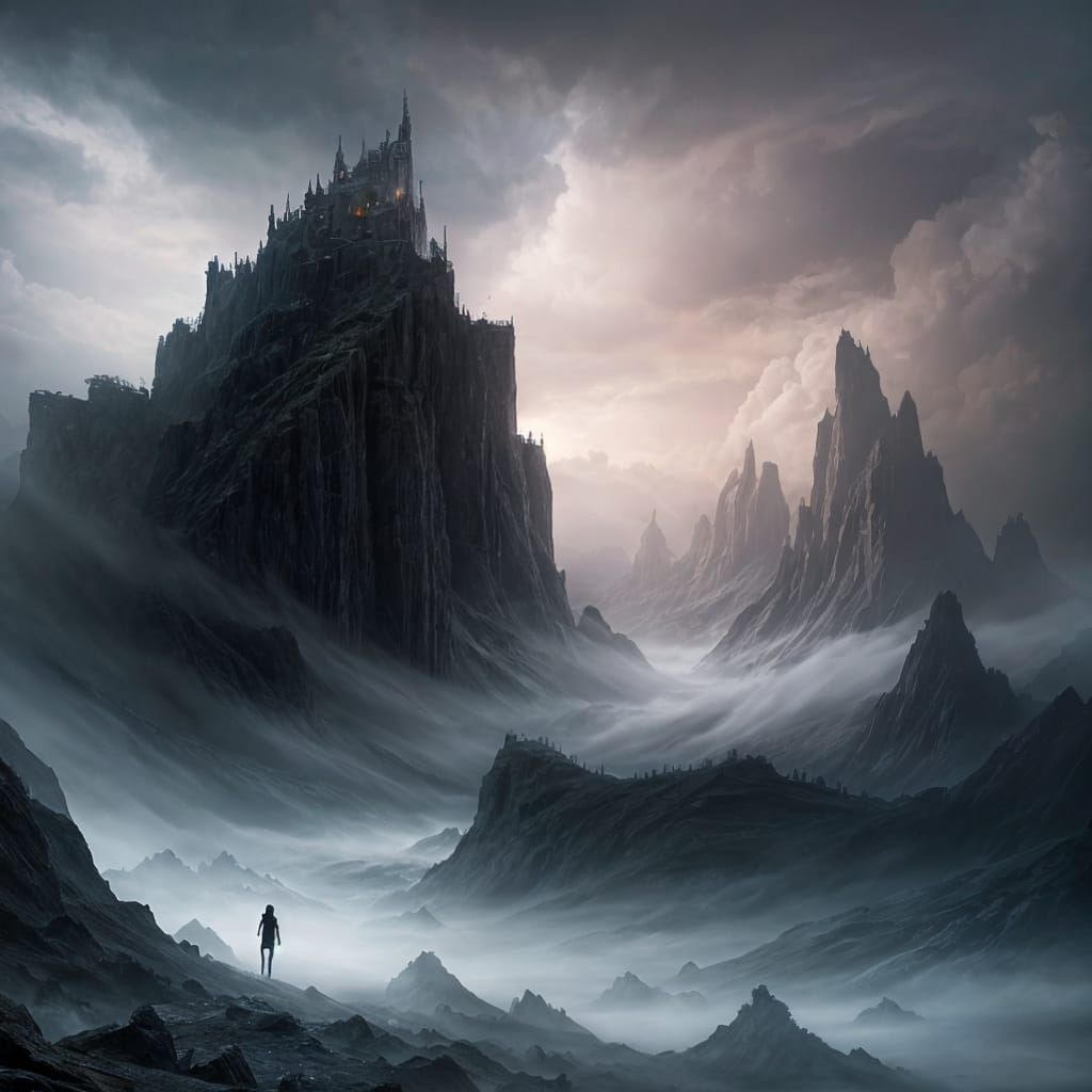 Dramatic Woman in Stormy Vaporwave Landscape