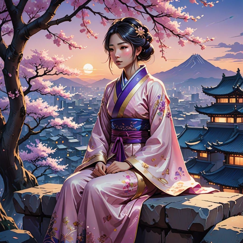 Chinese Princess Amidst Cherry Blossoms in Vibrant Anime Sty...