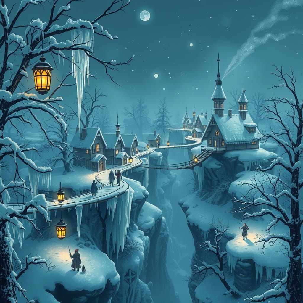 Winter Village on Frozen Treetops, Digital Art