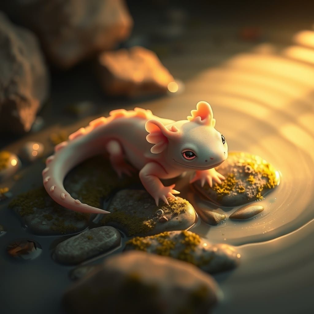 An rosa Axolotl , delicately illuminated by warm, golden lig...
