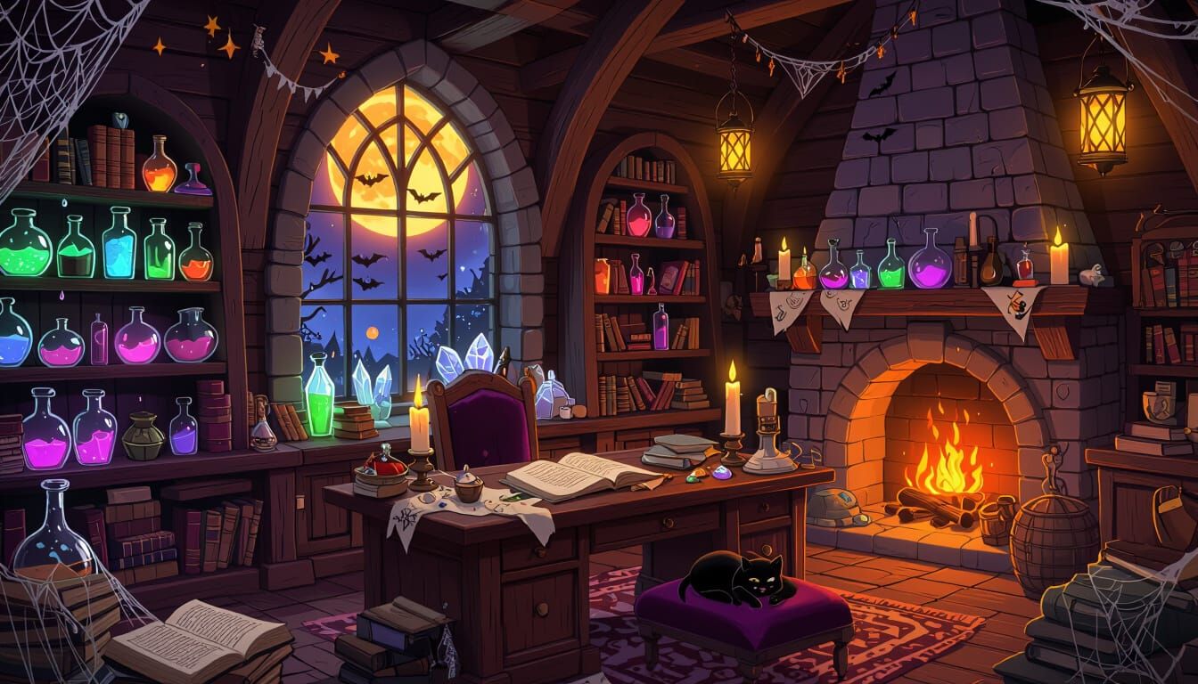 Mystical Witch's Study with Glowing Potions and Enchanted Ar...