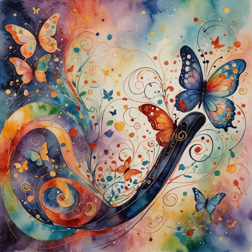 Butterfly with Lyre in Watercolor Style