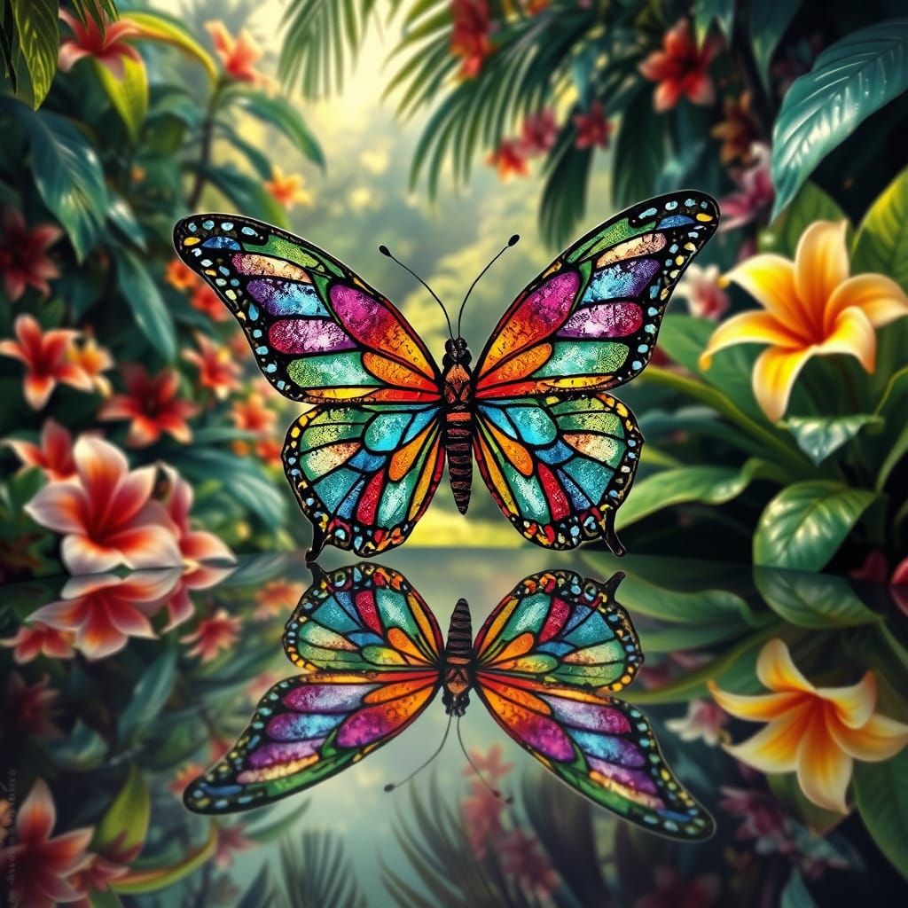 Kaleidoscopic Stained Glass Butterfly in Lush Rainforest