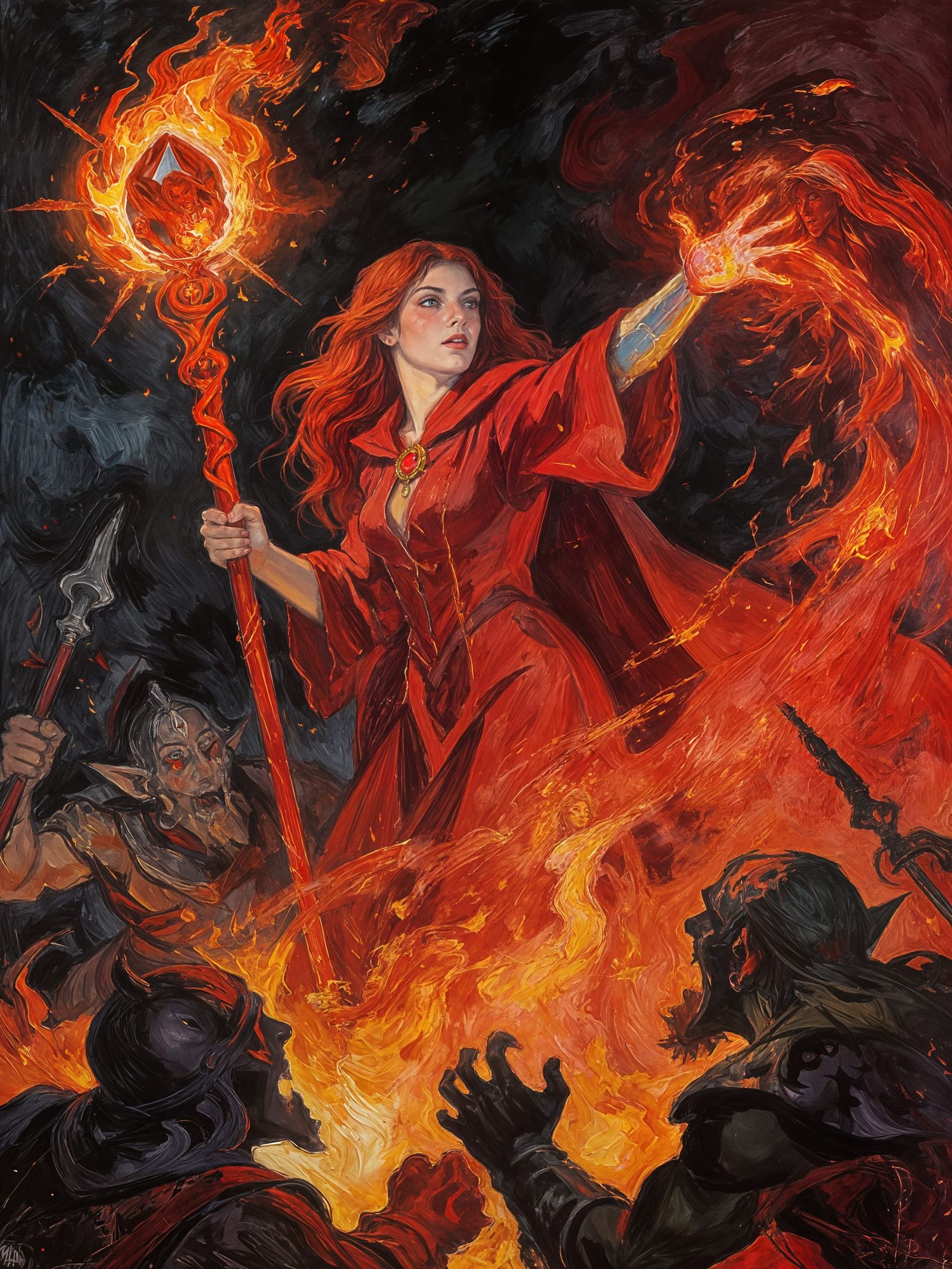 Crimson Mage Unleashes Fiery Attack on Orcs