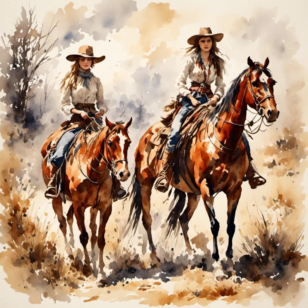 Deadwood Cowgirls in Antique Watercolor Style
