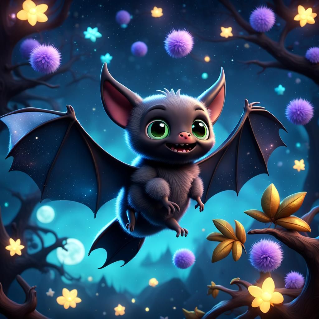 cute furry fluffy flying bat round head large cute shiny eyes with pupils, eye lashes, only 2 wings, 2 legs happy, no t...