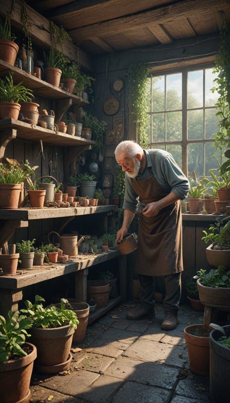 Old Man Tending to Lush Garden in a Cozy Potting Shed