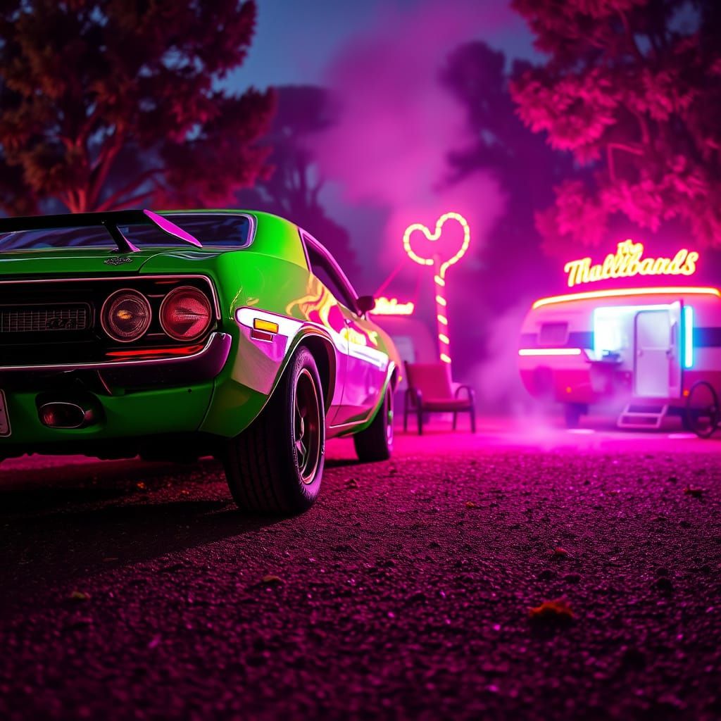 Neon Green Barracuda in Dystopian Campsite Oil Painting