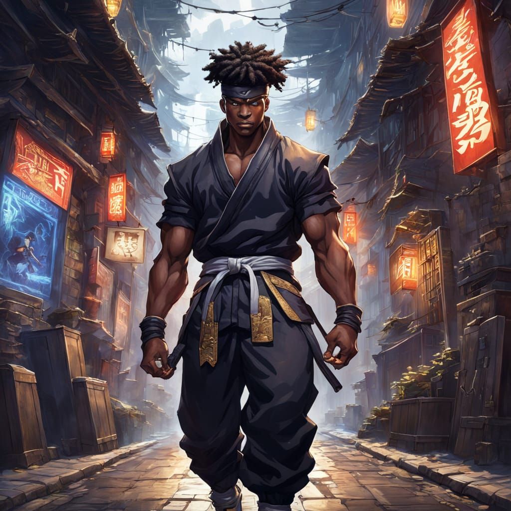 Mysterious Black Ninja Warrior in a Dark Alleyway Scene