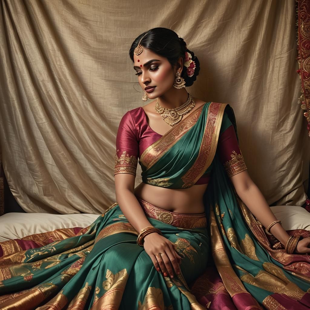 Sensual Indian Woman in Saree: Hyperrealistic Portrait