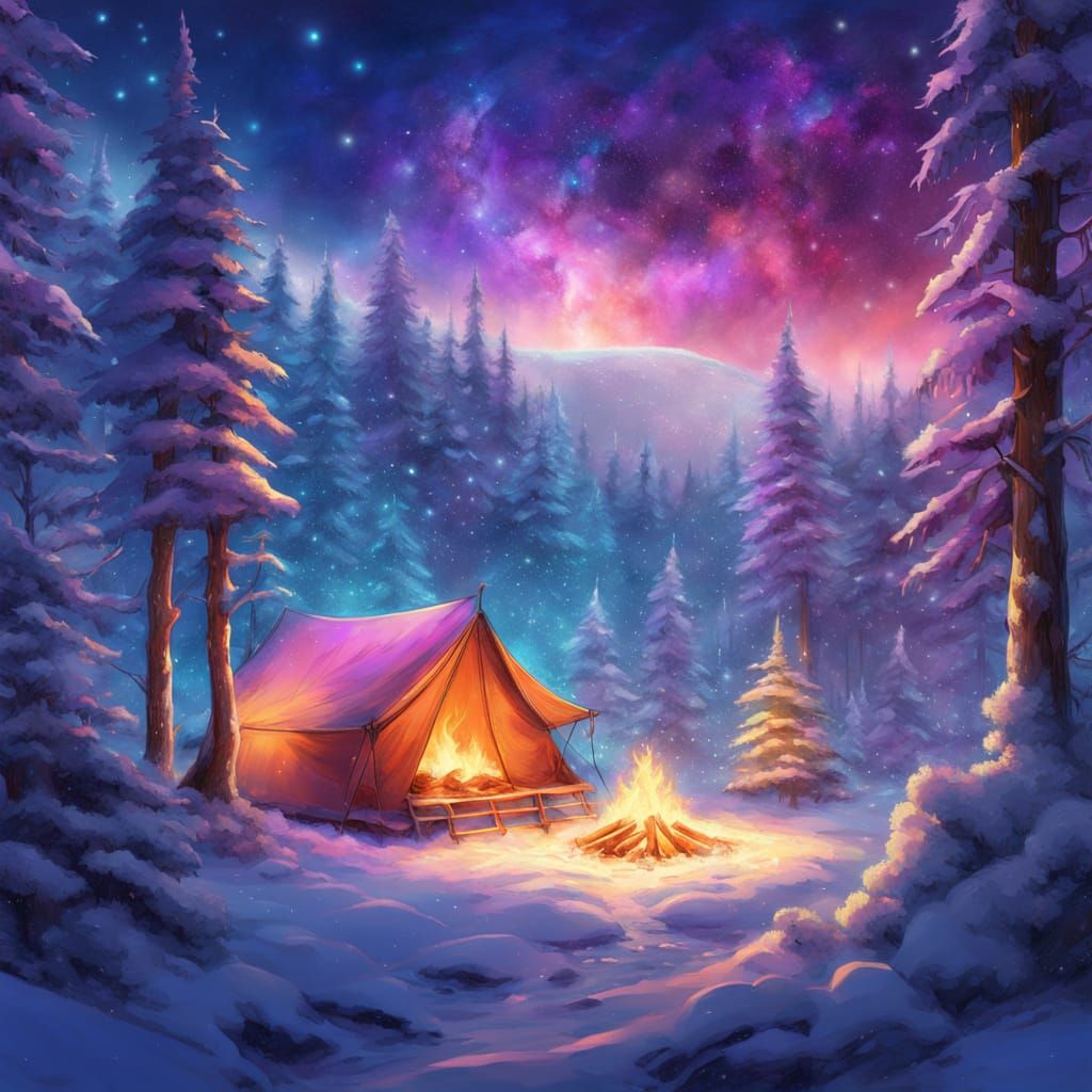 Winter Wonderland Campsite in a Starry Night Sky