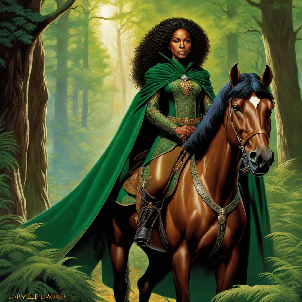 Gorgeous ebony girl with thick curly ginger hair perfect symmetrical eyes, wearing a green velvet cloak with intricate t...