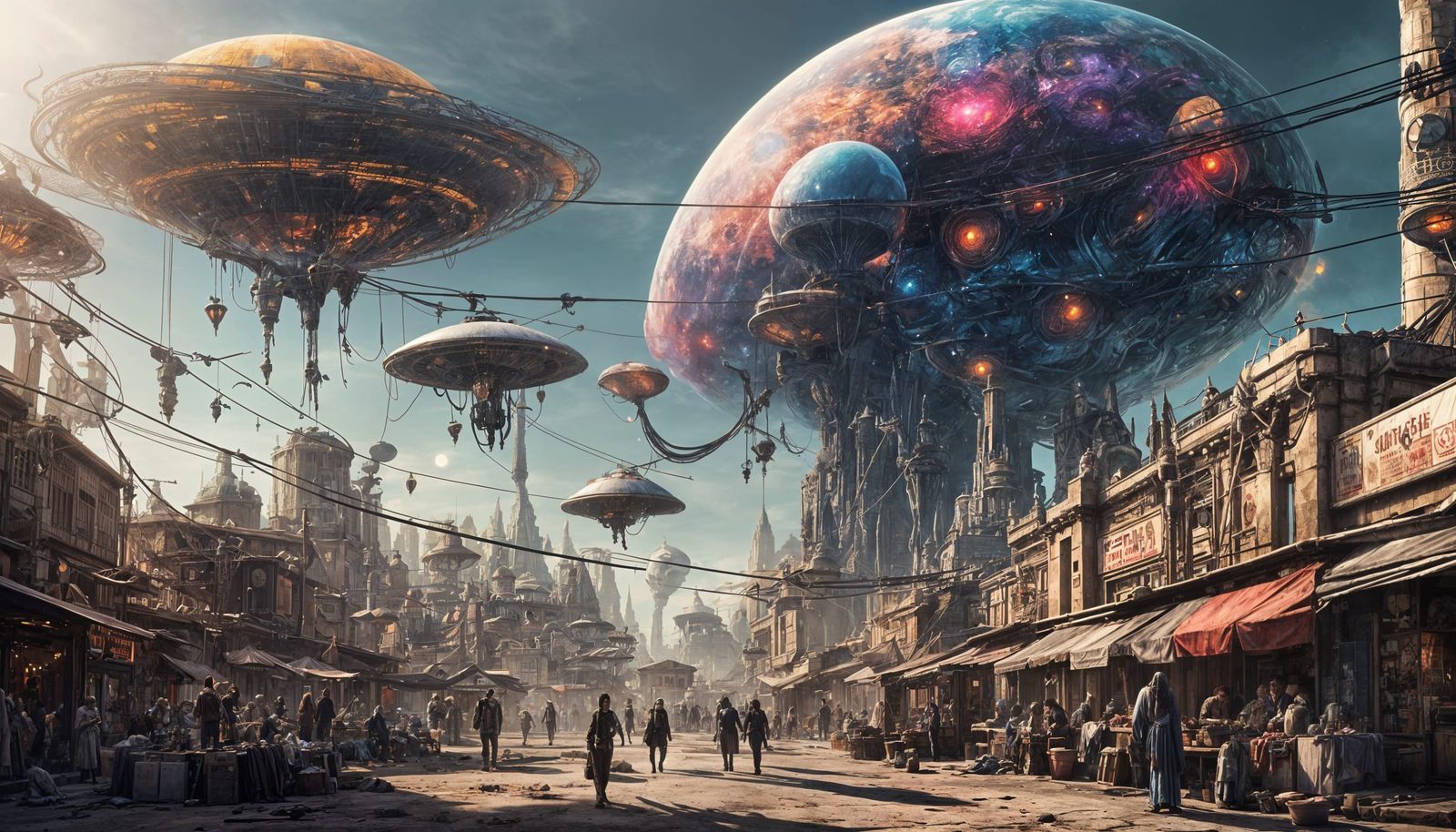 Bustling Alien Marketplace Under Twin Moons