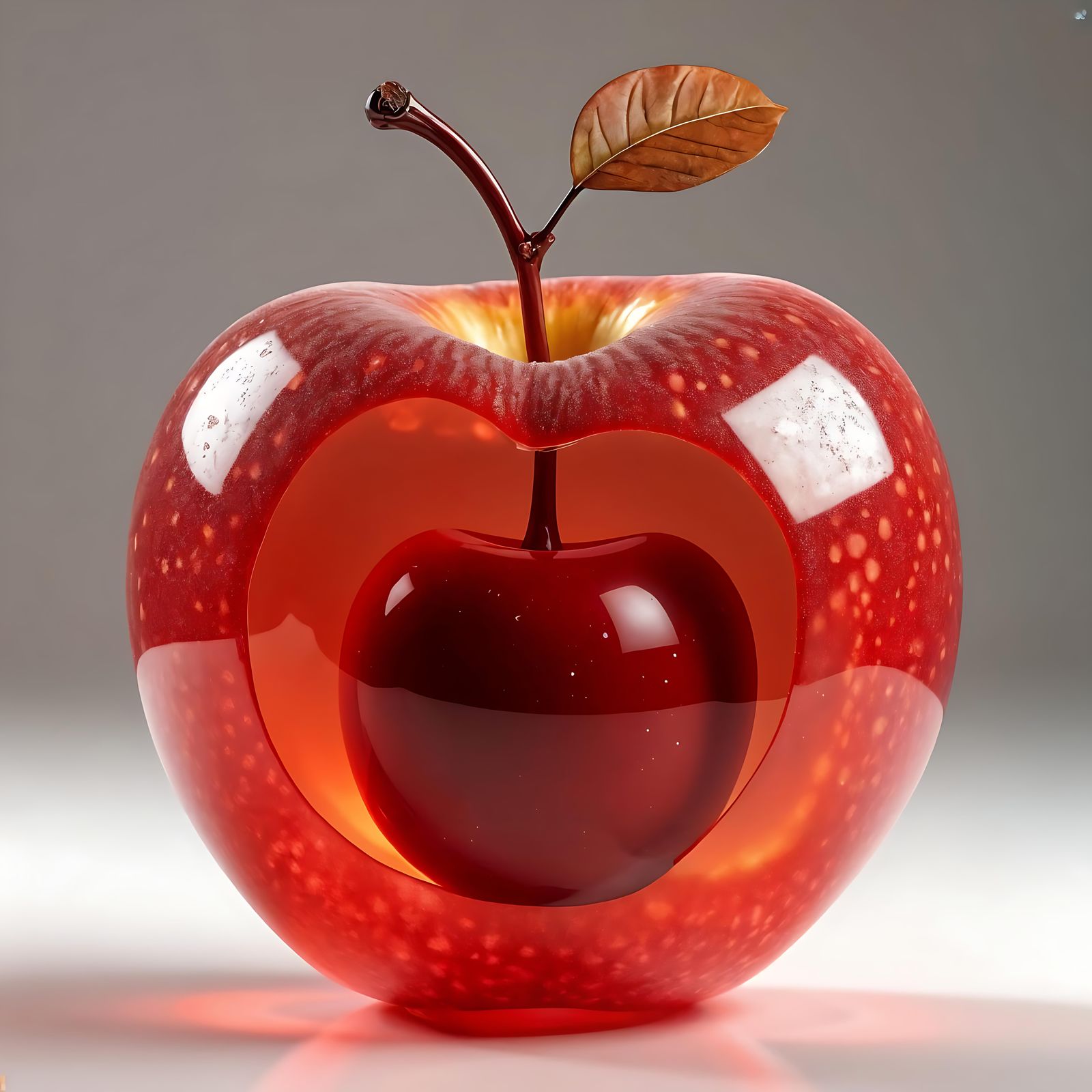 Transparent Apple with Cherry Inside: 3D Render