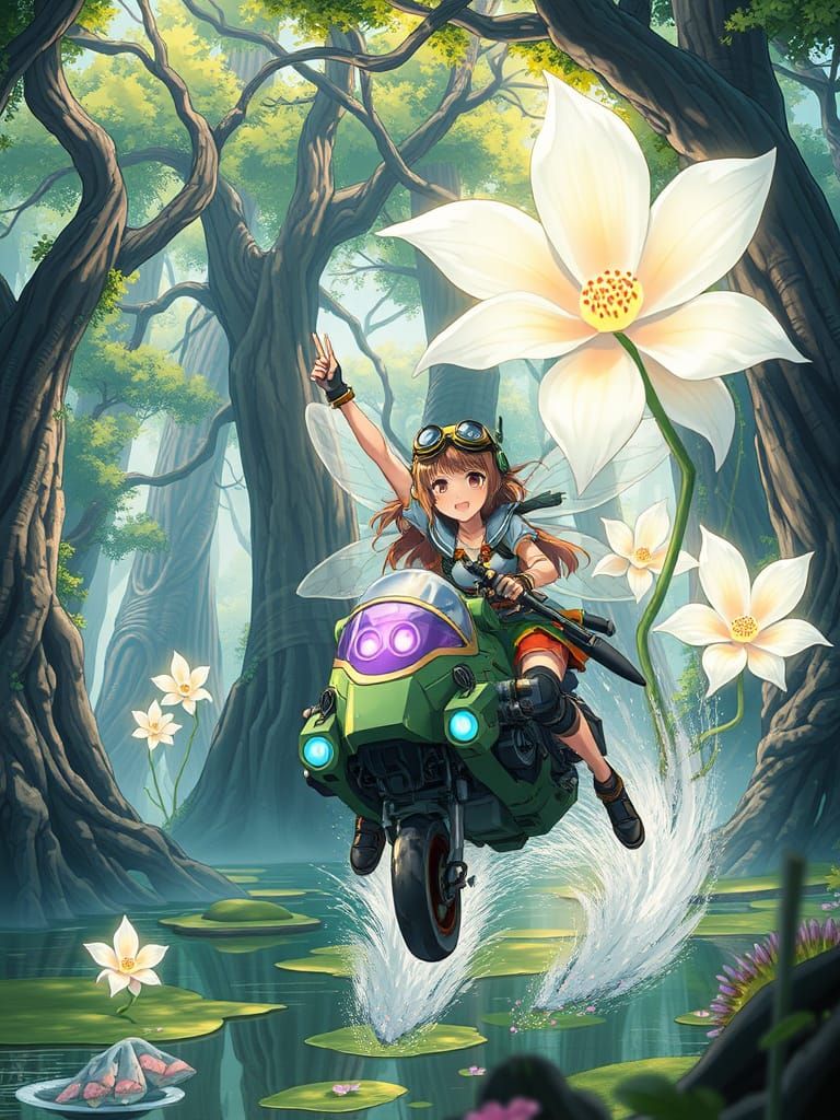 Triumphant Anime Fairies Pilot Robot in Luminous Swamp