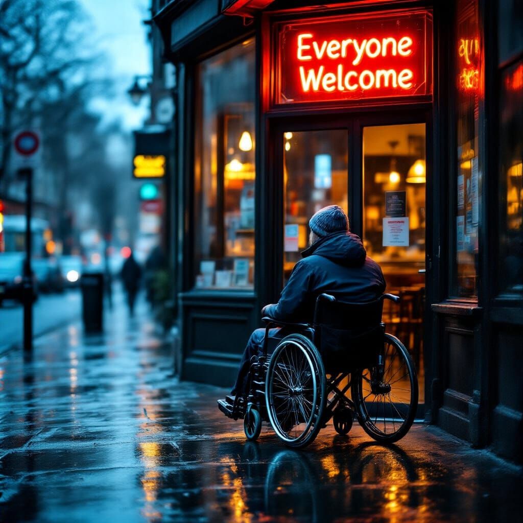 Ironic Street Scene: Wheelchair User and Cafe Entrance