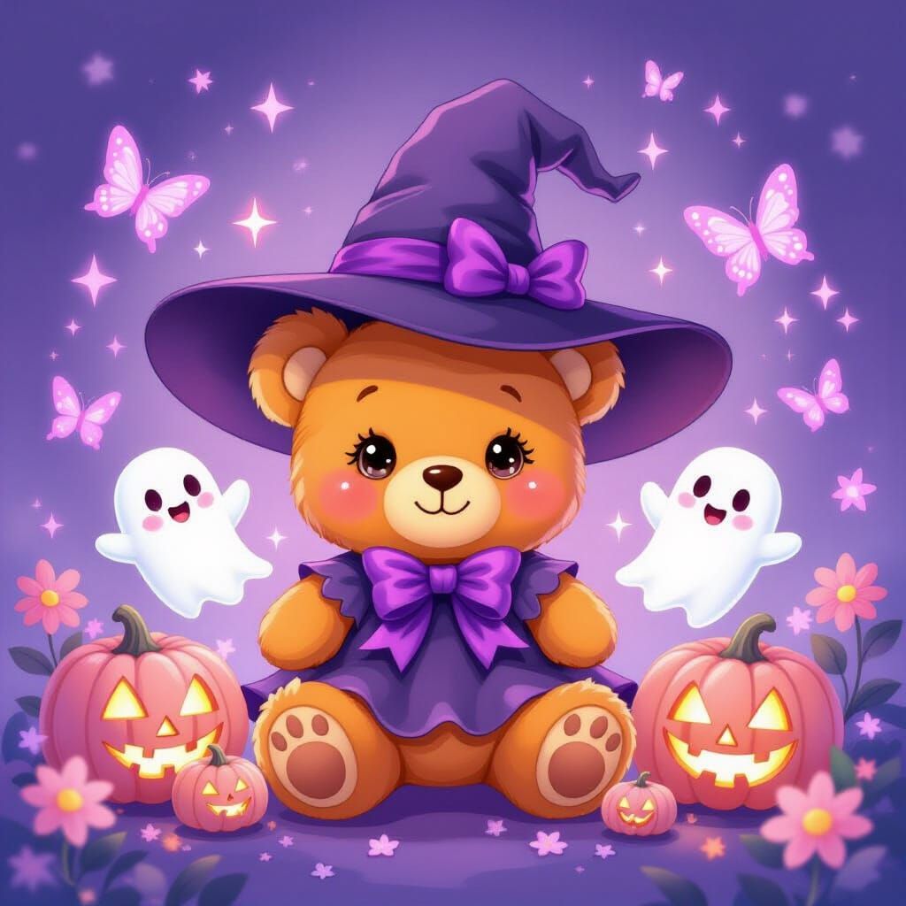 Cute Witch Teddy Bear With Pink Pumpkins