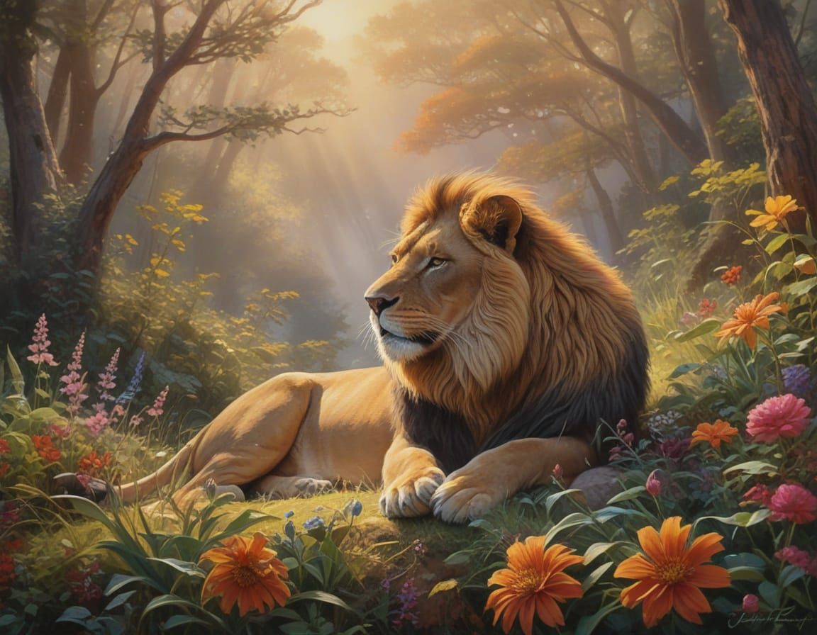 Cartoon Hunter Sneaks Up on Lion: Vector Fractal Art