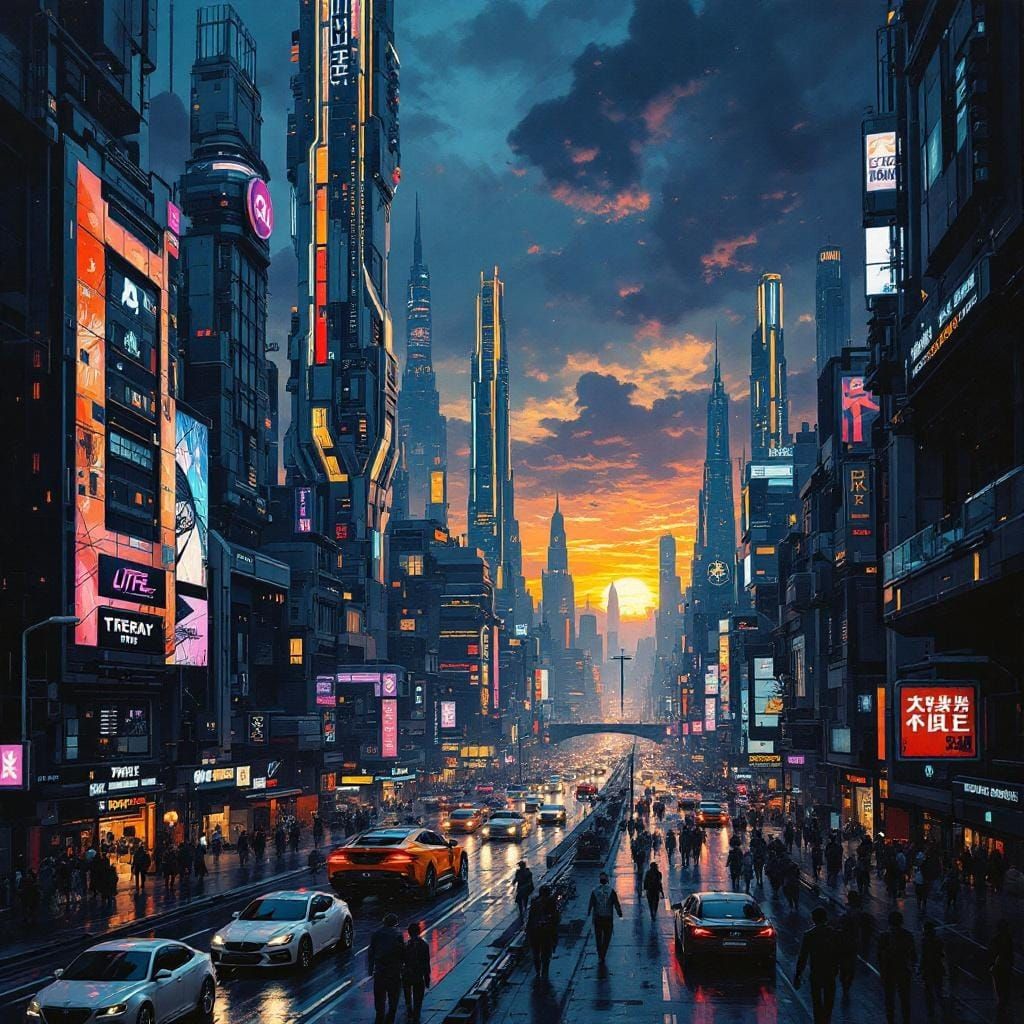 Futuristic Cityscape Oil Painting in Baroque Style