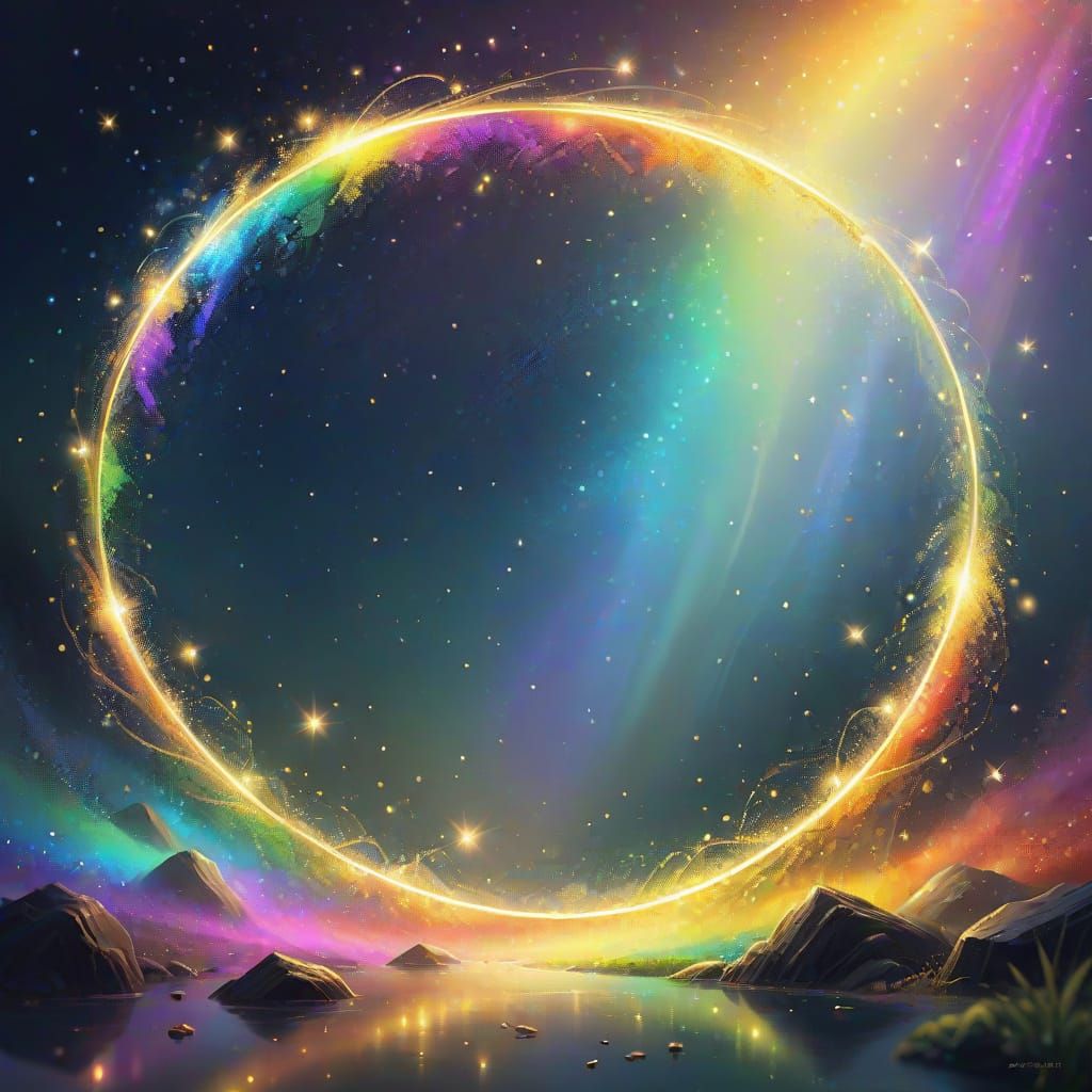 Whimsical Digital Painting of Golden Sparkles and Rainbows