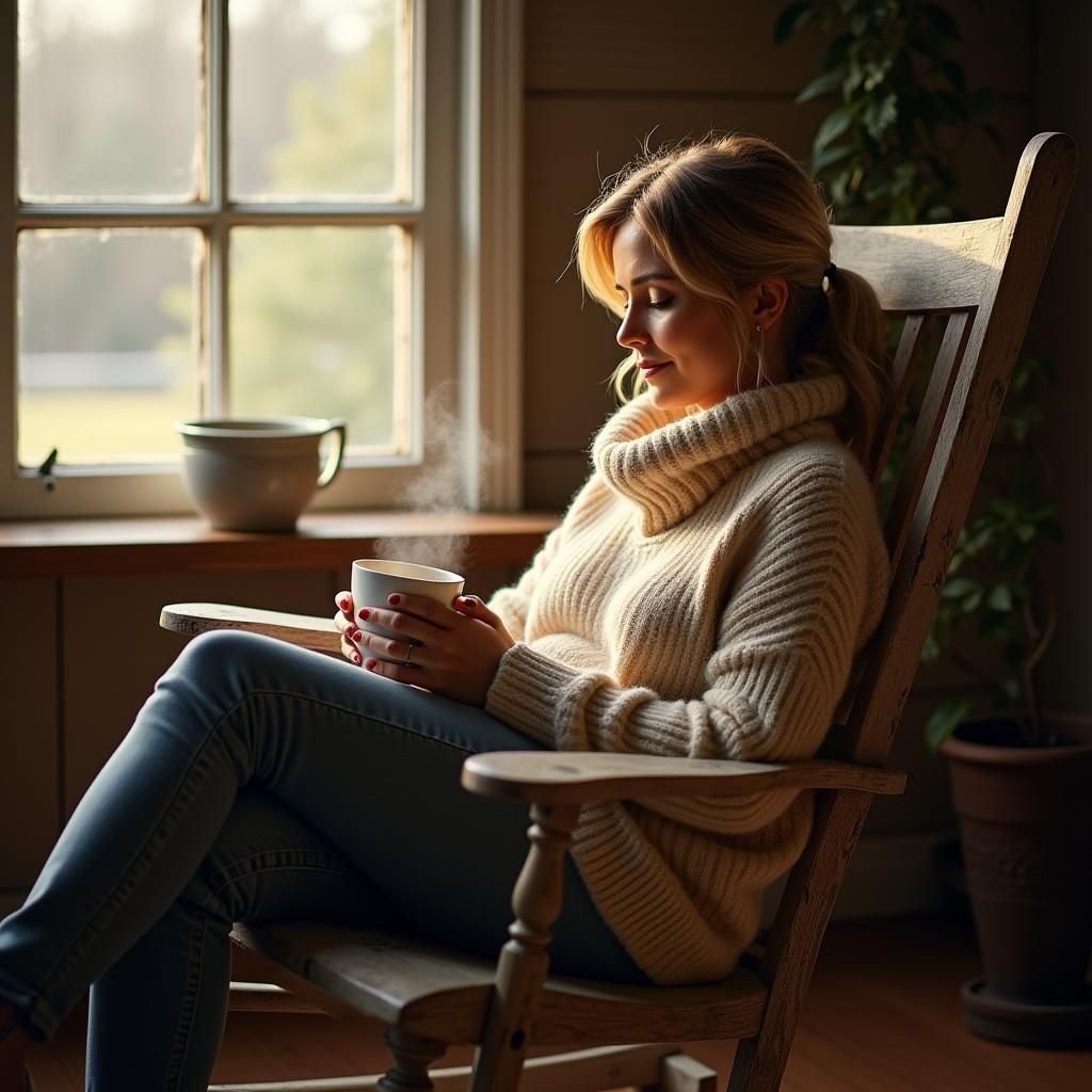 Cozy Morning: Woman with Coffee in Rocking Chair