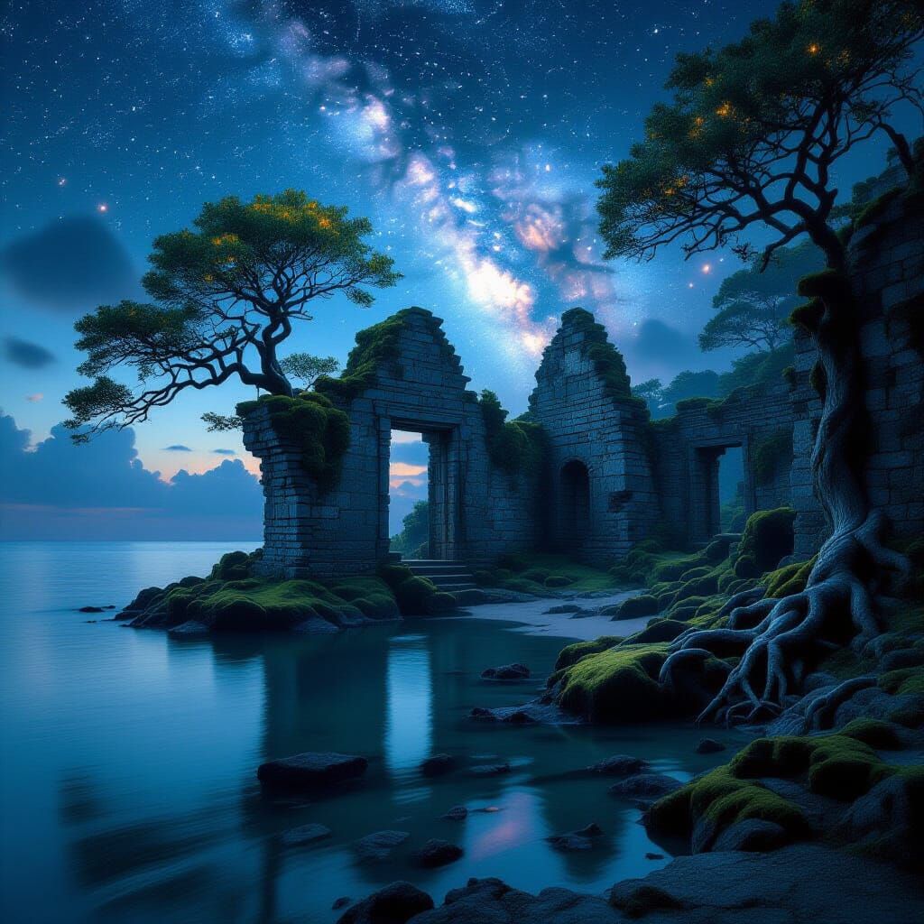 Ancient Ruin Submerged in Twilight Sea with Bioluminescent T...