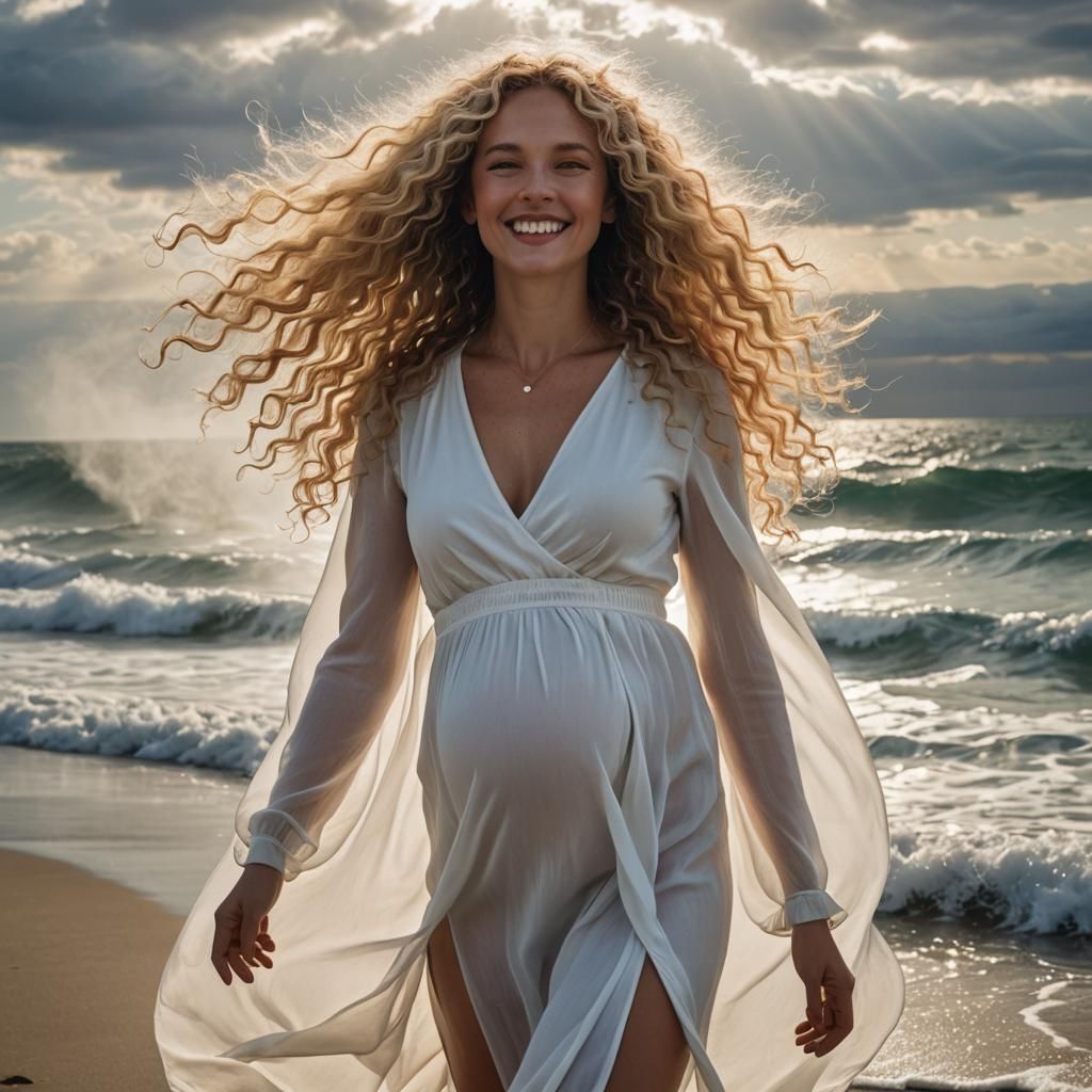 Blonde Woman with Curly Hair in Storm