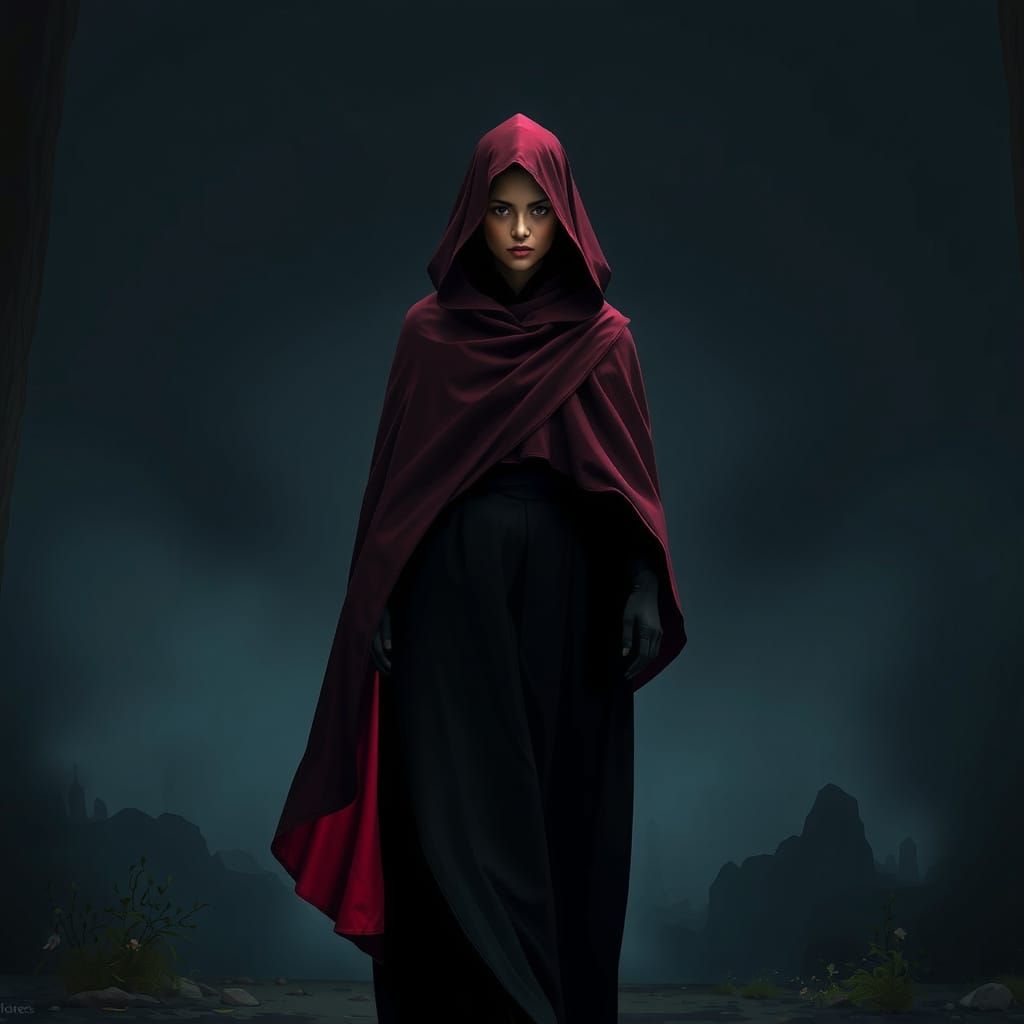 Woman in Red Cloak: Dramatic Matte Painting