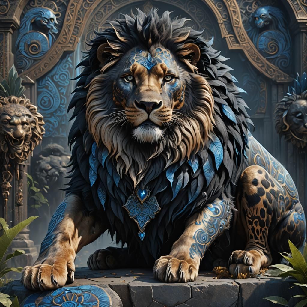 Dog-Faced Black Lion with Blue Patterns