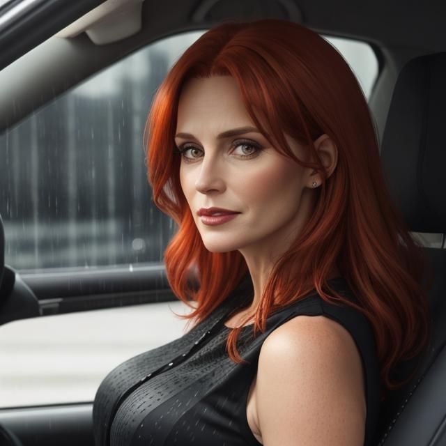 Woman with Red Hair Driving in Rain